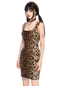 ROMWE Kawaii Vestido mini ajustado con cuello cuadrado, lentejuelas y estampado de leopardo para mujer, estilo Y2K - Marrón - Ver 6