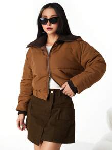 SHEIN Áo khoác đệm cổ đan thời trang giản dị cho bé gái tuổi teen, màu nâu - màu nâu - Xem 5