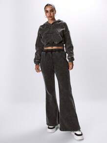 MUSERA Washed Low Rise Fit Flare Tracksuit Trousers Summer Vacation Airport Chic Elegant Casual - Black - View 2