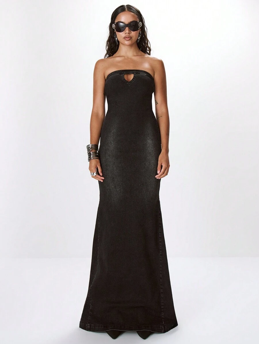 MUSERA Váy Maxi Denim Bandeau Khóa Kéo Phong Cách Đường Phố Mùa Xuân 90 Dễ Thương Mùa Hè - Rửa tối - Xem 1