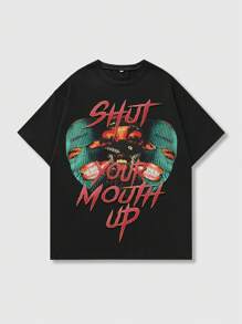 ROMWE MEN Street Life 男士休闲标语和图案印花短袖圆领 T 恤，夏季 - 黑色 - 查看 1