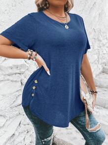 SHEIN Clasi 大码女式秋季纯色圆领短袖侧扣装饰休闲 T 恤 - 寶藍色 - 查看 6