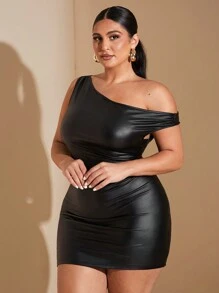 SHEIN BAE 加大码 Curve 女式纯黑色简约百搭 PU 面料不对称肩部褶皱性感迷你派对礼服，适合鸡尾酒会返校舞会 - 黑色 - 查看 5