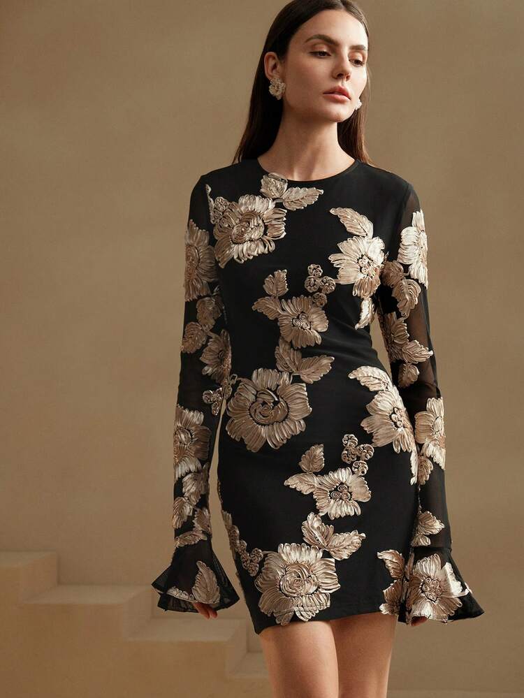 Floral Print Round Neck Long Sleeve Casual Short Dress