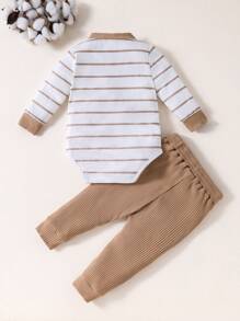 2pcs/Set Baby Boys Striped Patchwork Bidysuit And Pants Set, Casual & Comfortable