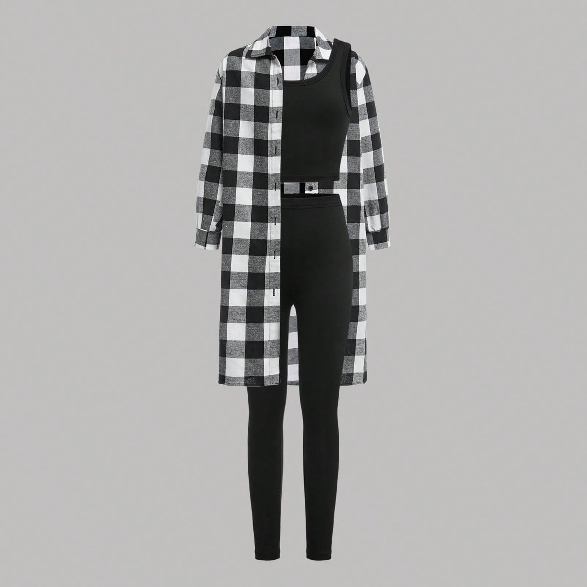 Conjunto de 3 piezas para niñas preadolescentes: camisa larga de cuadros negros y blancos de estilo casual, top de tirantes de cuello redondo y panta