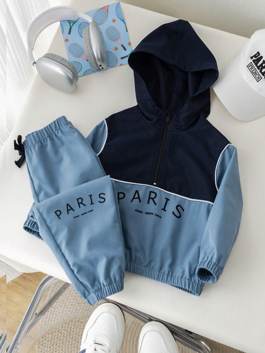 SHEIN 2 件青少年男童休闲深蓝色和浅蓝色拼色连帽衫运动衫和松紧袖口裤子套装，适合秋季、冬季、保暖、学校、休闲、日常、运动、生日派对、郊游、百搭和简约设计 - 藍色 - 查看 1