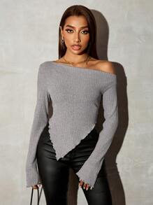 SHEIN SXY Grunge Asymmetrical Neck Rib-Knit Tee,Fall Women Going Out Tops - Grey - View 5