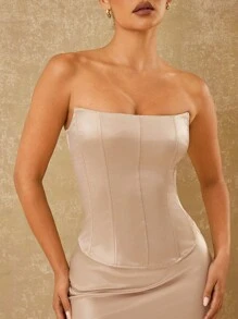 SHEIN Unity Bộ 2 áo corset bằng vải satin và váy đuôi cá dài - Màu Khaki - Xem 4