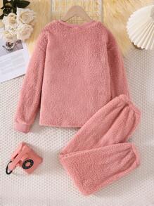 Tween Girl 粉色简约毛绒动物猫图案刺绣长袖上衣和裤子睡衣套装，舒适温暖的家居服