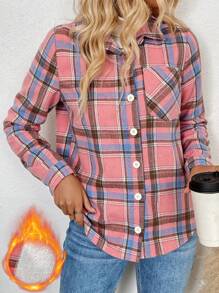 LanaWest Women's Autumn/Winter Long Sleeve Casual Plaid Thermal Lining Pocket Shirt, Long Sleeve Tops Fall Cloth For Women - Pink - View 6