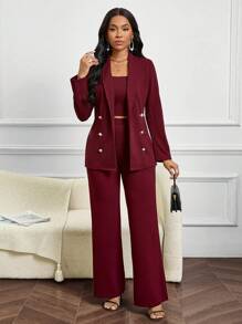 SHEIN Lady 四季婚礼宾客女士背心、西装和西装裤服装秋冬红色女士西装套装 - 酒紅色 - 查看 7