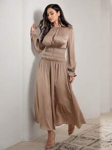 Veilorie Women Plain Round Neck Long Sleeve Pleated Minimalist Casual Arabian Modest Dress - Coffee Brown - View 1