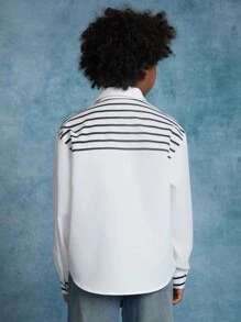 SHEIN Tween Boy 编织拼布条纹翻领休闲宽松长袖衬衫 - 黑與白 - 查看 2