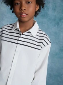 SHEIN Tween Boy 编织拼布条纹翻领休闲宽松长袖衬衫 - 黑與白 - 查看 5