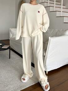 DAZY 撞色装饰休闲家居服套装睡衣 - 杏色 - 查看 7