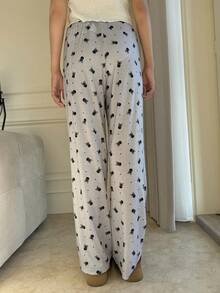 SHEIN EZwear 女士休闲针织印花宽松低腰裤 - 灰色 - 查看 4