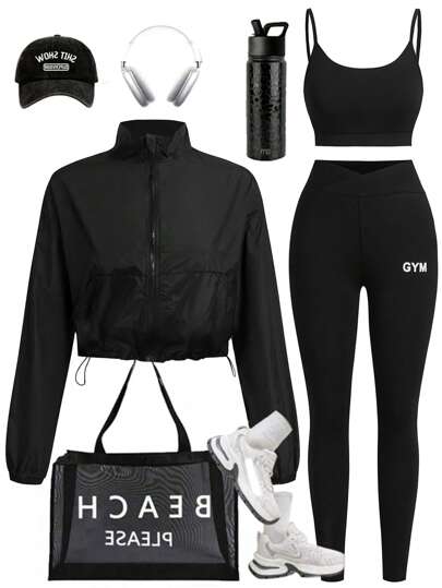 Eassivo Eassivo 纯色拉链连帽运动衫 + 露背背心 & 字母印花裤 运动套装 女士健身套装 女士紧身裤套装 女士健身房服装