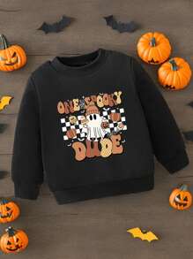 年轻男孩时尚舒适万圣节图案印花圆领运动衫 - 黑色 - 查看 4