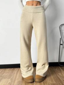 SHEIN EZwear Women High Waisted Flared Hem Khaki Knitted Flare Leg Pants - Khaki - View 5