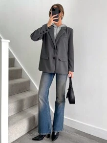 SHEIN Essnce Women Blazers,Women Hooded 2 In 1 Suit Jacket, Casual Loose Blazer, Grey, Women Office Wear, Business Casual Ladies OutfitWomen Blazers,Police Women Costume,Business Casual Women Costume, Winter Clothes,Elegant,Office Teacher Wear, Commuter Women's Suit - Grey - View 3