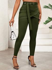 SHEIN Lady Conjunto de falda midi con abertura y leggings de parches con enlaces circulares para mujer - Verde militar - Ver 4