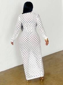 Slaydiva Đầm bodycon tay dài cổ chữ V màu trắng thanh lịch gợi cảm cỡ lớn - B - trắng - Xem 2