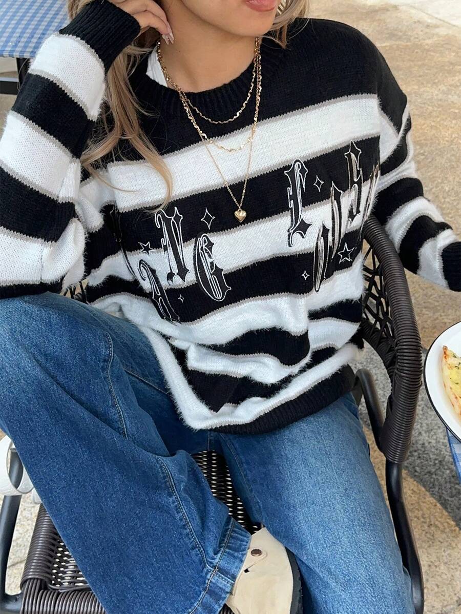 SHEIN EZwear Striped Pattern Drop Shoulder Sweater - Black and White - View 1