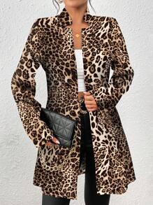 SHEIN Clasi 女士休闲度假立领针织纹理豹纹修身夹克 - 卡其色 - 查看 4