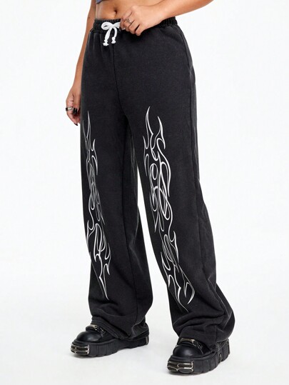 Grunge Punk Pantalon à taille élastique décontracté, imprimé tie dye, polyvalent et pour femmes