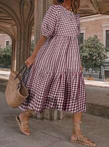 Breezaya Đầm dài thường ngày đơn giản, cổ tròn, tay bồng, xếp ly, kẻ caro - Màu Đỏ Sâu - Xem 7