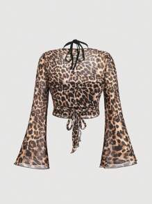 SHEIN MOD Plus Size Leopard Print Mesh Criss-Cross Wrap Top With Flare Sleeves,Leopard Top,Leopard Shirt,Leopard Costume,Long Sleeve Shirt, Costume,Fall Women Outfits - Multicolor - View 2