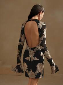 Anewsta Floral Print Round Neck Long Sleeve Casual Short Dress - Black - View 5