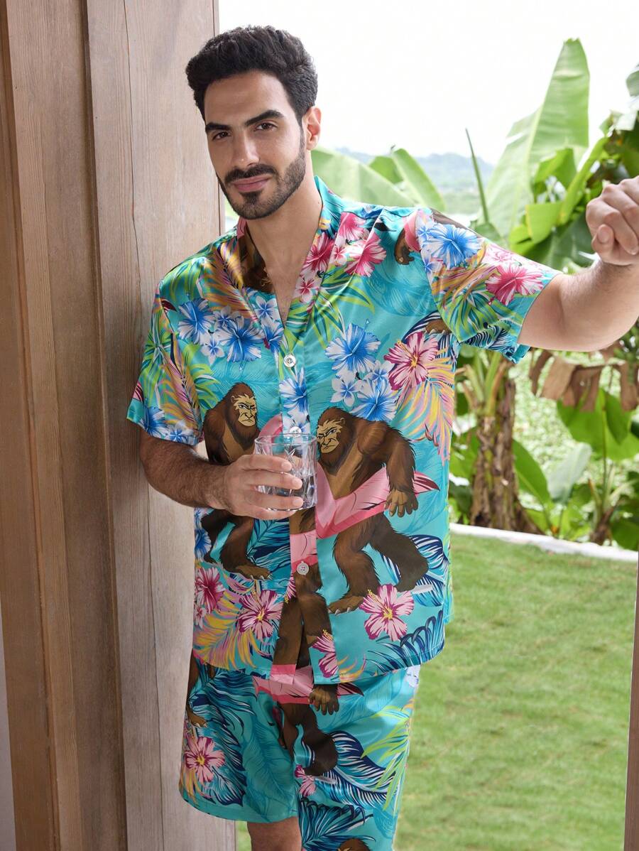 Men Animal & Floral Print Front Button Short Sleeve Top And Shorts Pajama Set - Multicolor - View 1