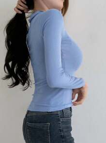 DAZY Áo thun polo bó tay dài màu trơn cho nữ, mùa xuân và mùa hè - Màu xanh lam - Xem 3