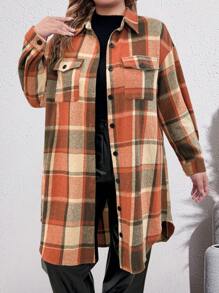 SHEIN LUNE Plus Size Women Plaid Print Front Button Pocket Long Sleeve Dress, Fall Clothes