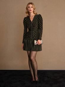 MOTF PREMIUM GLITTER STRIPED PRINT GIGOT SLEEVE V-NECK RUCHED ZIP FRONT RUFFLE HEM SHORT DRESS