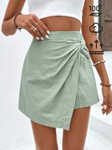 SHEIN Frenchy Của phụ nữ Màu thuần Xoắn Nút Viền bất đối xứng Váy quần - màu xanh lá - Xem 6