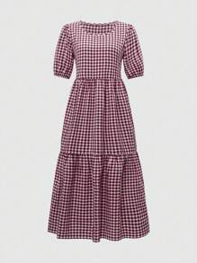 Breezaya Đầm dài thường ngày đơn giản, cổ tròn, tay bồng, xếp ly, kẻ caro - Màu Đỏ Sâu - Xem 1