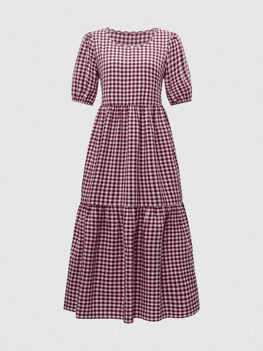 Breezaya Đầm dài thường ngày đơn giản, cổ tròn, tay bồng, xếp ly, kẻ caro - Màu Đỏ Sâu - Xem 1