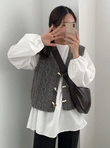 DAZY Women's Button-Up Sleeveless Knit Cardigan Vest, Spring/Fall - Grey - View 3