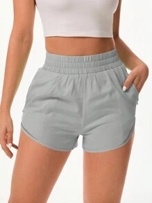 Effen kleur elastische taille zak sport shorts, zomer vrouwen sweat short, gym short, biker short comfortabele short