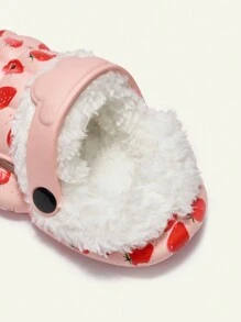 Cozy Pixies 1 双女孩可爱卡通草莓图案舒适室内拖鞋，保暖内衬保暖家居鞋，适合幼儿和儿童，适合秋冬季 - 粉色 - 查看 5