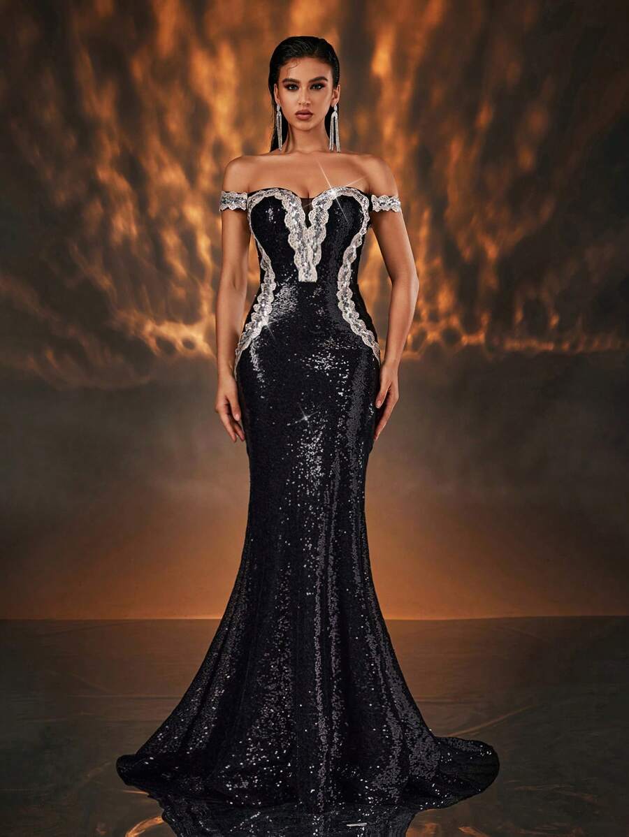 Glamrae 优雅黑色亮片露肩 V 领腰部拼布串珠刺绣蕾丝花边美人鱼下摆正式晚礼服、婚礼活动礼服婚礼宾客礼服、适合毕业典礼、晚宴