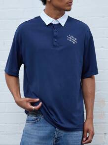 Manfinity VCAY Men's Knit Casual Daily Young Loose Patchwork Short Sleeve Polo Shirt - Blue - View 3