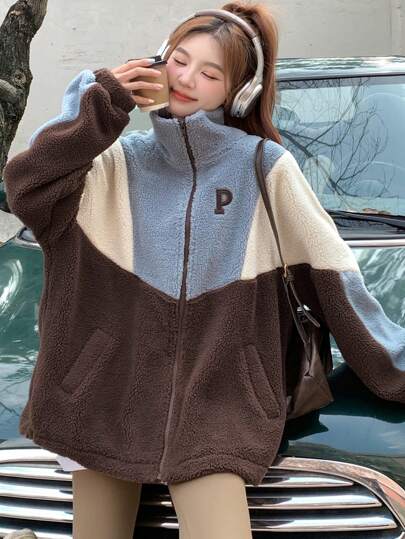 DAZY 女士前拉链长袖纯色拼接口袋简约休闲外套，秋季女装女式外套