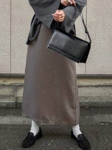 FRIFUL 女士格纹直筒厚裙，适合秋冬季 - 卡其色 - 查看 8