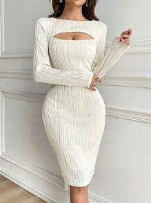 Modelyn Women's Sexy Solid Color Hollow-Out Fitted Dress, Spring/Fall - White - View 5