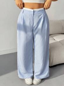 SHEIN EZwear Pantalones rectos con cintura a rayas azules y blancas en talla grande