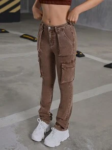 SHEIN Quần jean dài denim màu nâu bạc màu, có túi nắp, phong cách Y2K dành cho nữ tuổi teen, thích hợp cho mùa thu đi học. - Cà phê nâu - Xem 7